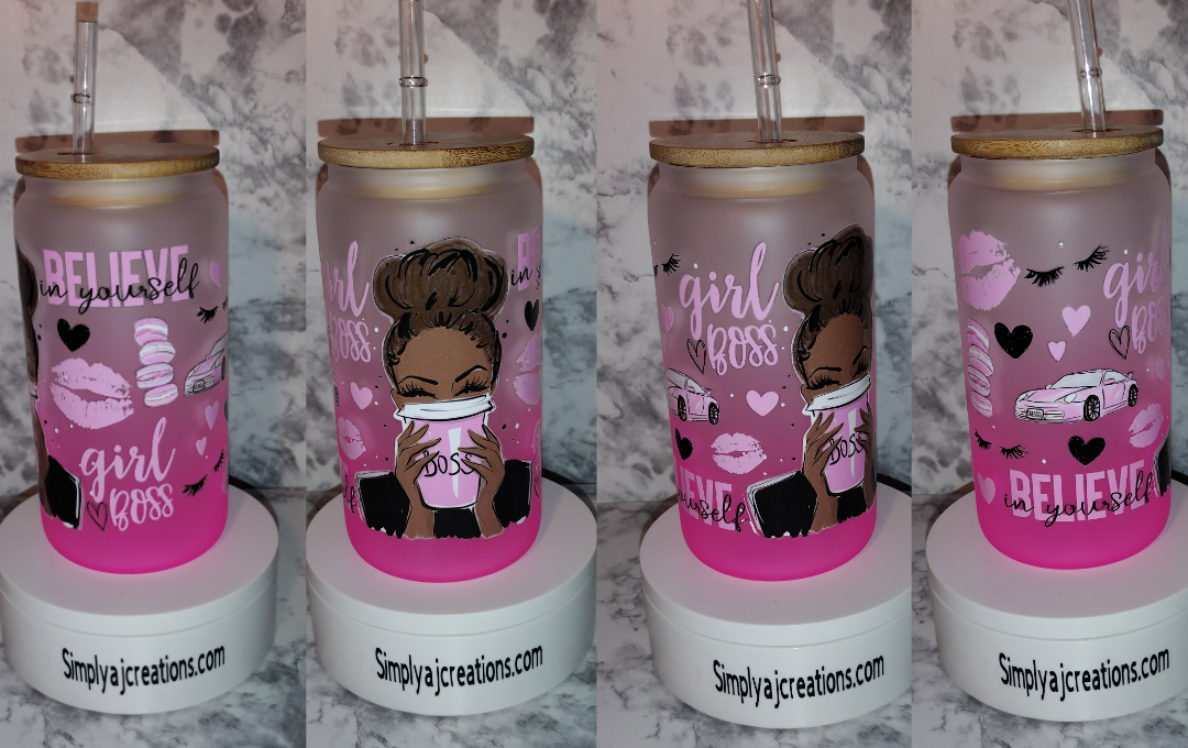 WOC Girl Bos/ Glass Drinking Jar