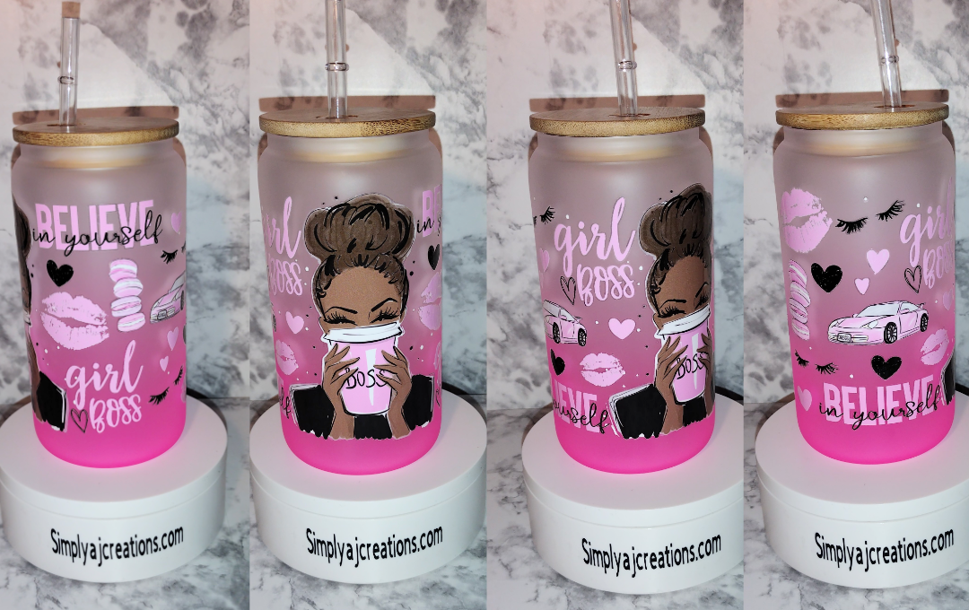 WOC Girl Bos/ Glass Drinking Jar